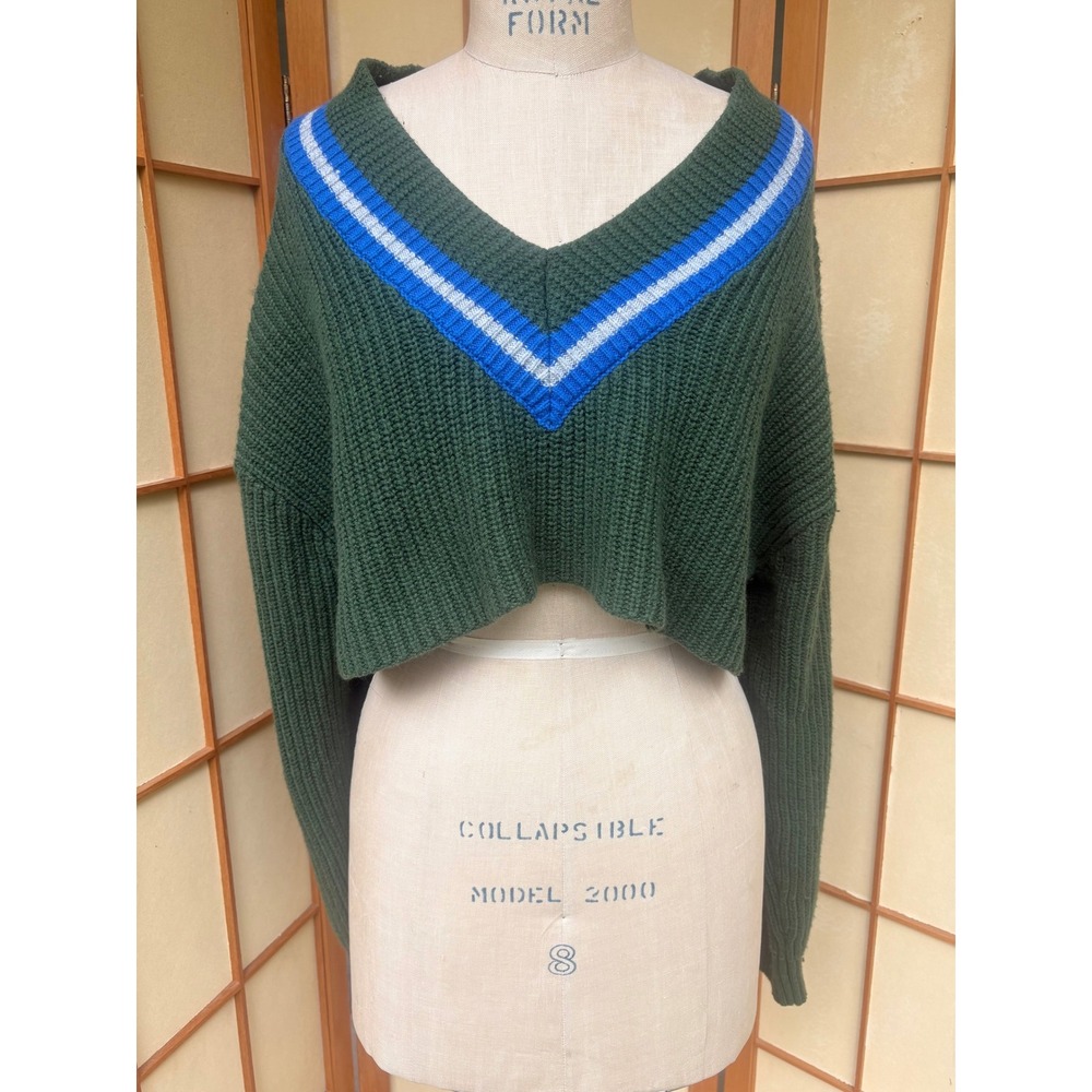 Champion Cropped Varsity Sweater Green V Neck Boxy Chunky Knit Blue Stripe Large